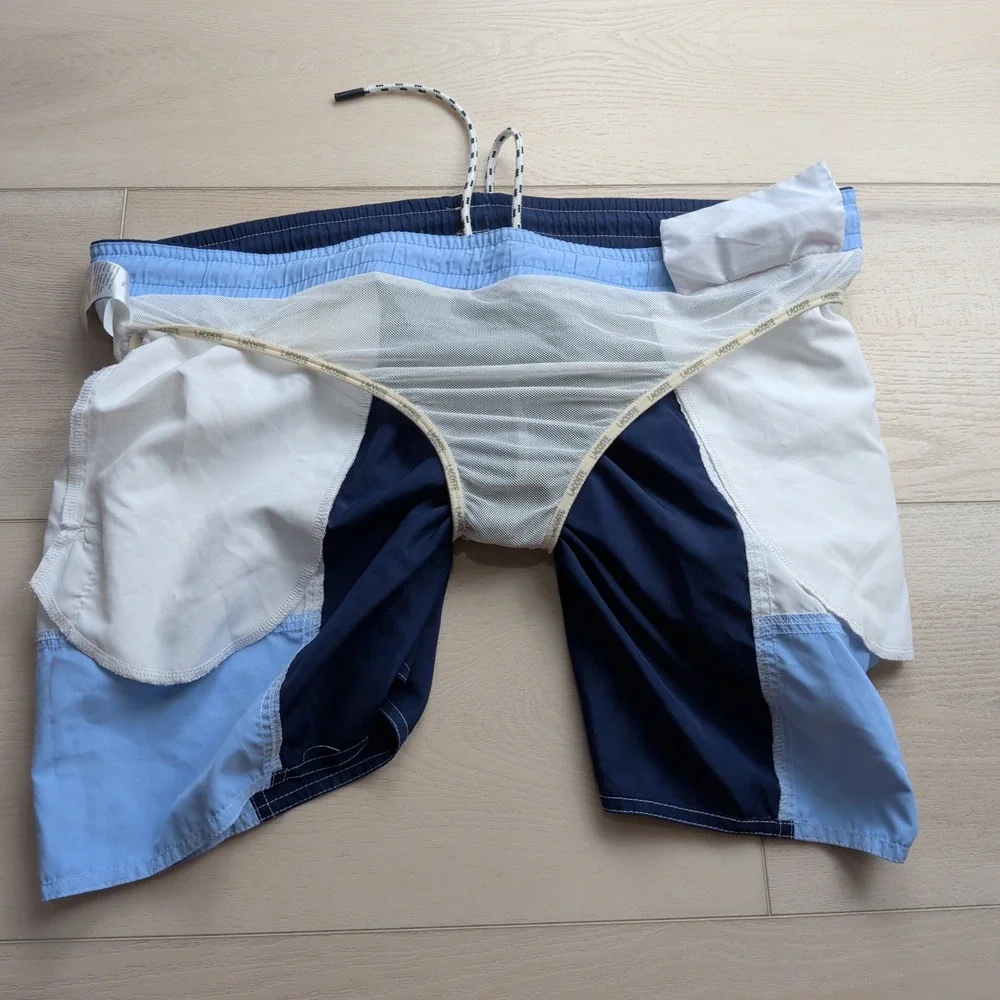 Lacoste Colorblock Swim Trunks Mens L Navy Blue White Mesh Lined Shorts MH9400